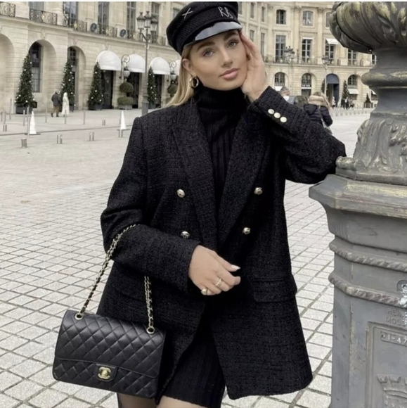 ZARA Tweed Textured Weave Double Breasted  Blazer Black - Picture 13 of 15